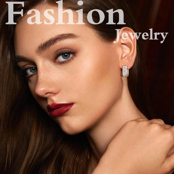 Sterling Silver Small Chunky Hoop Earrings with Cubic Zirconia, Hypoallergenic, - Picture 3 of 6